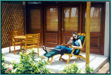 Melaine on her garden room patio