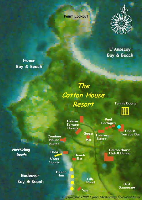 Map of Cotton House resort on the north side of Mustique