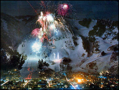 The Town of Aspen at the base of Ajax during a special fireworks display.