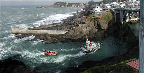 Coast Guard going through the narrow channel