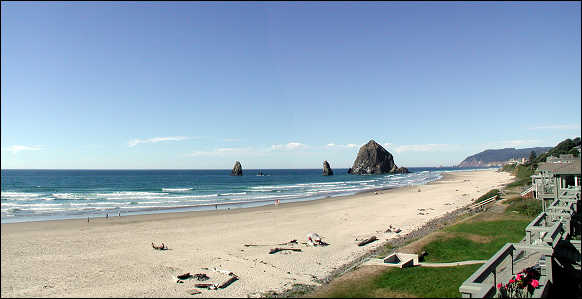 Haystack Rock and beach as viewed from our 3rd floor suite