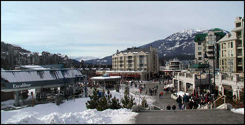 View of Excalibur Gondola to Blackcomb Mountin with Westin, Carlton, and Pan Pacific facing it.