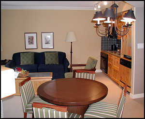 One bedroom Suite looking toward the kitchen and sofa